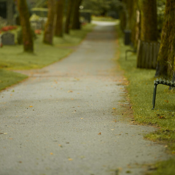 En benk langs en vei på en kirkegård / gravplass