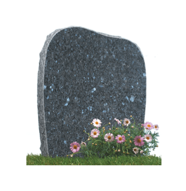 En gravstein med rosa blomster foran